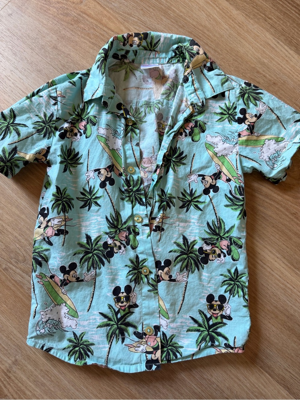 Disney Light Teal Mickey Mouse Surf Print Casual Button-Down Shirt Hawaiian